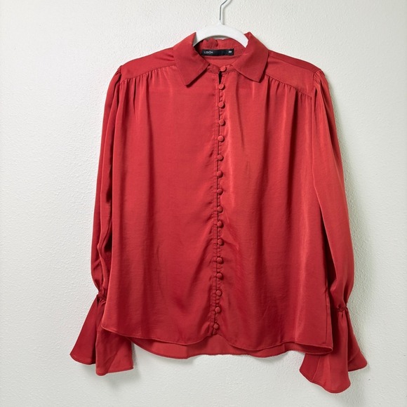 Lebôh Tops - Lebôh Button Front Blouse SIze PP Orange Rust Satin Flounce Long Sleeve Top
